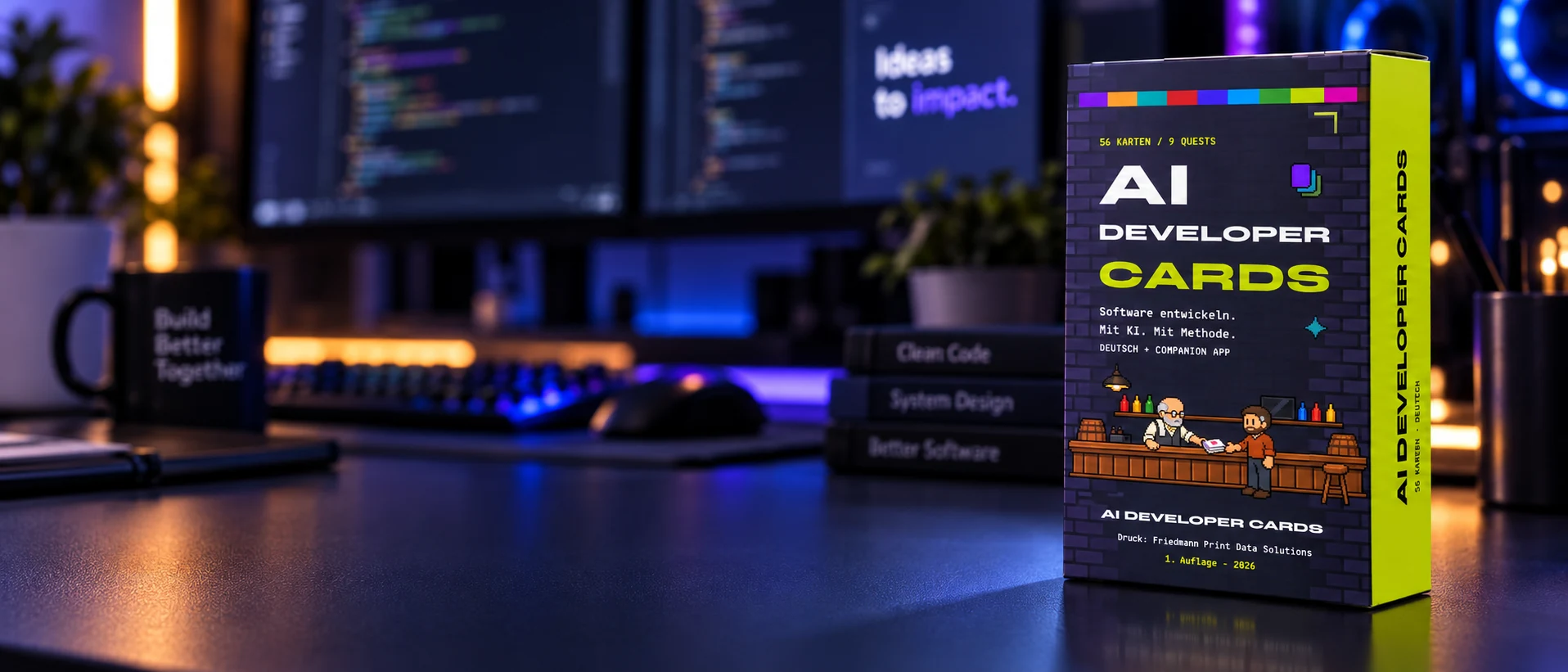 AI Developer Cards box in a neon-lit developer workspace